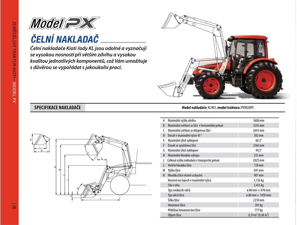 SPECIFIKACE NAKLADAČE Model nakladače: KL901, model traktoru: PX9020PC 06 A Maximální výška zdvihu 3608 mm B Maximální světlost se lžící v horizontální poloze 3245 mm C Maximální světlost se