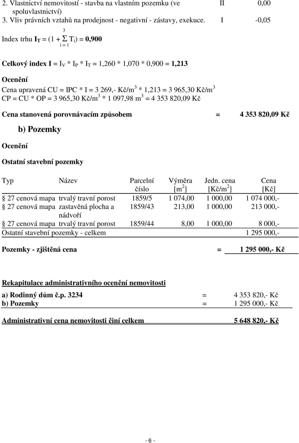 CP = CU * OP = 3 965,30 Kč/m 3 * 1 097,98 m 3 = 4 353 820,09 Kč Cena stanovená porovnávacím způsobem = 4 353 820,09 Kč Ocenění b) Pozemky Ostatní stavební pozemky Typ Název Parcelní číslo Výměra [m 2