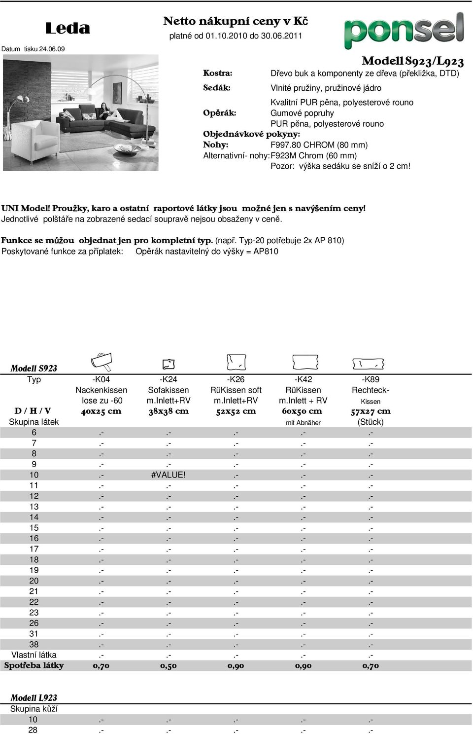 2011 Kostra: Sedák: Dřevo buk a komponenty ze dřeva (překližka, DTD) Vlnité pružiny, pružinové jádro Kvalitní PUR pěna, polyesterové rouno Opěrák: Gumové popruhy PUR pěna, polyesterové rouno