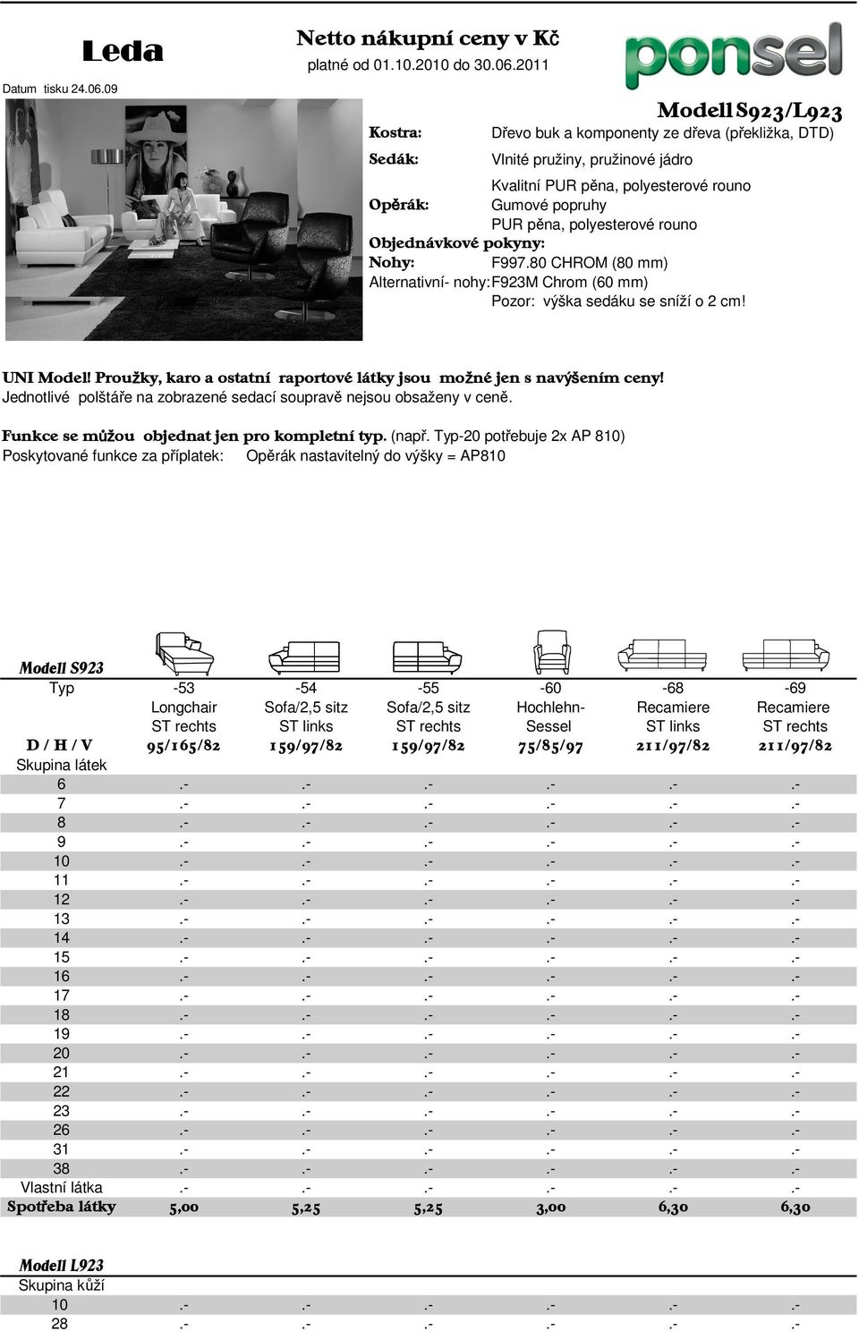 2011 Kostra: Sedák: Dřevo buk a komponenty ze dřeva (překližka, DTD) Vlnité pružiny, pružinové jádro Kvalitní PUR pěna, polyesterové rouno Opěrák: Gumové popruhy PUR pěna, polyesterové rouno