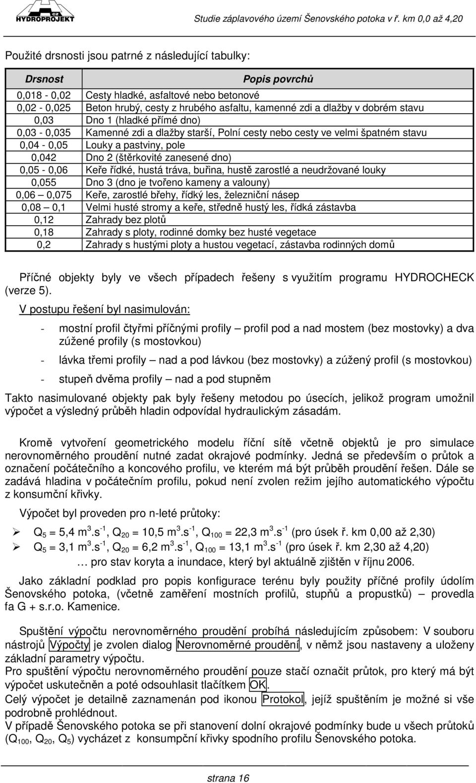 0,05-0,06 Keře řídké, hustá tráva, buřina, hustě zarostlé a neudržované louky 0,055 Dno 3 (dno je tvořeno kameny a valouny) 0,06 0,075 Keře, zarostlé břehy, řídký les, železniční násep 0,08 0,1 Velmi