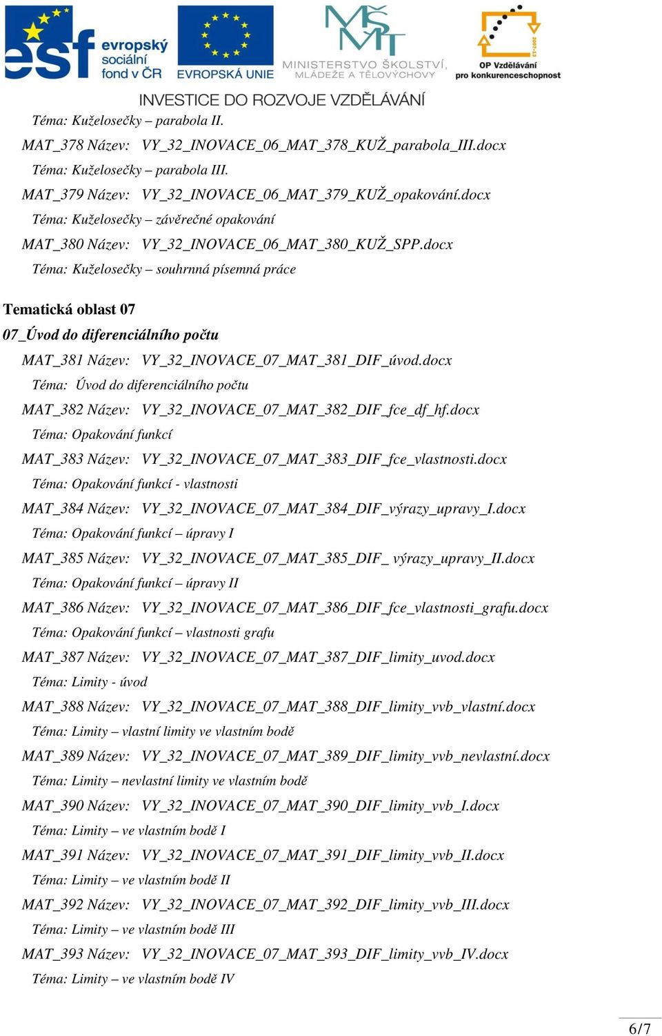 docx Téma: Kuželosečky souhrnná písemná práce Tematická oblast 07 07_Úvod do diferenciálního počtu MAT_381 Název: VY_32_INOVACE_07_MAT_381_DIF_úvod.