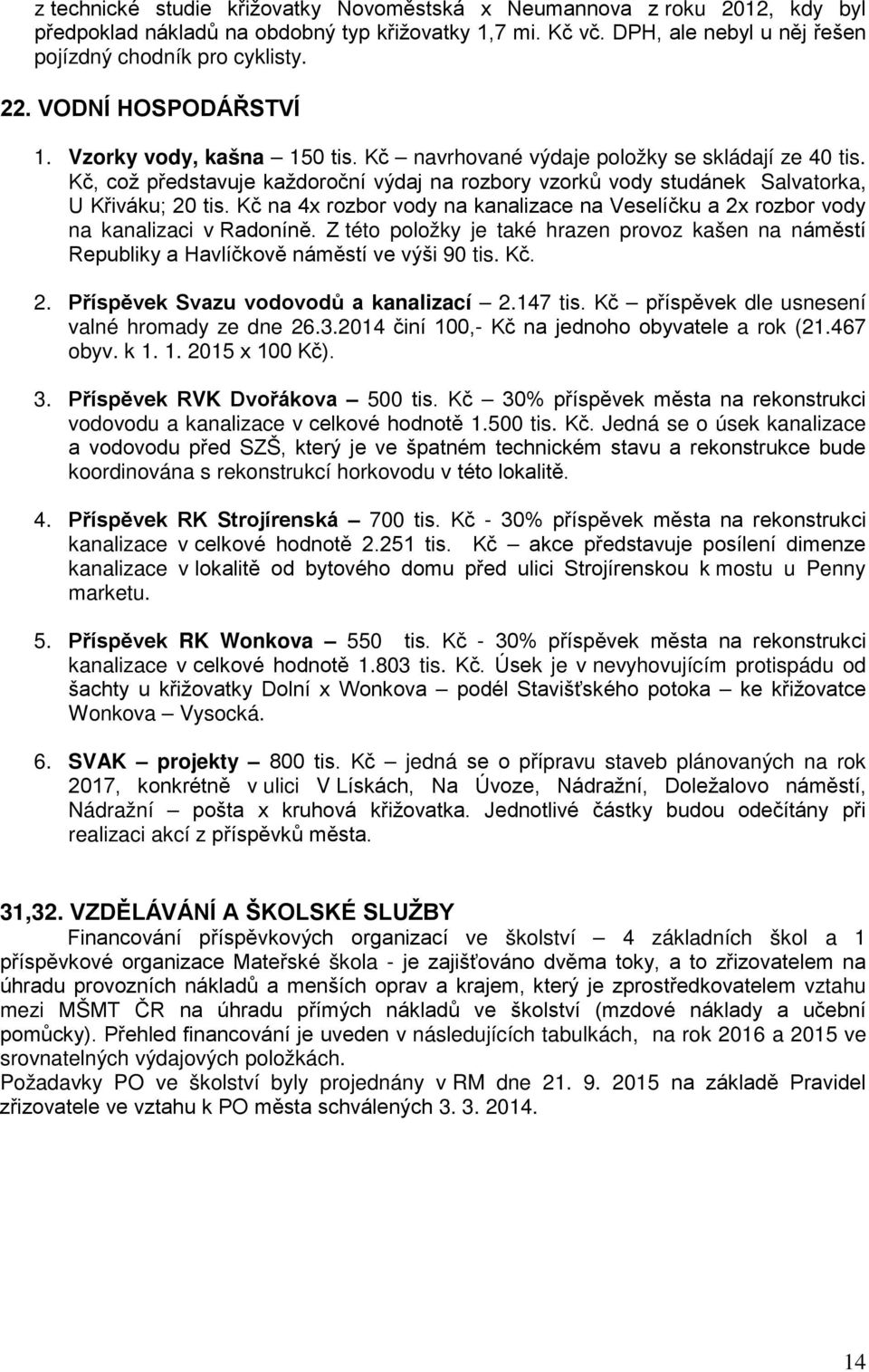 Kč, což představuje každoroční výdaj na rozbory vzorků vody studánek Salvatorka, U Křiváku; 20 tis. Kč na 4x rozbor vody na kanalizace na Veselíčku a 2x rozbor vody na kanalizaci v Radoníně.