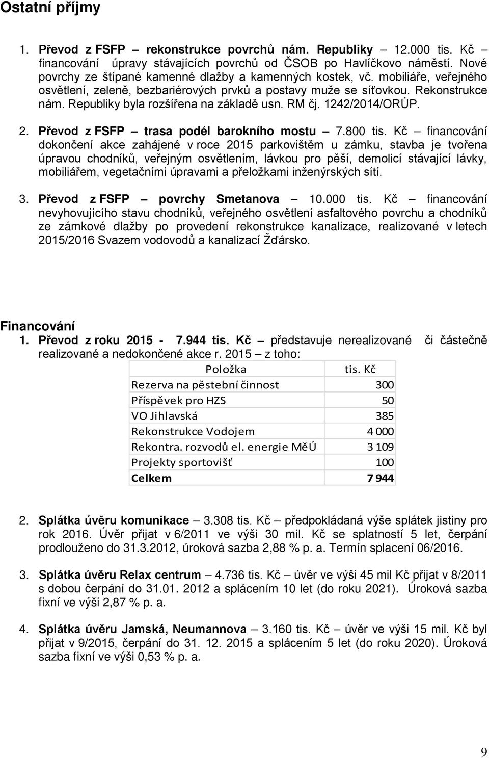 Republiky byla rozšířena na základě usn. RM čj. 1242/2014/ORÚP. 2. Převod z FSFP trasa podél barokního mostu 7.800 tis.