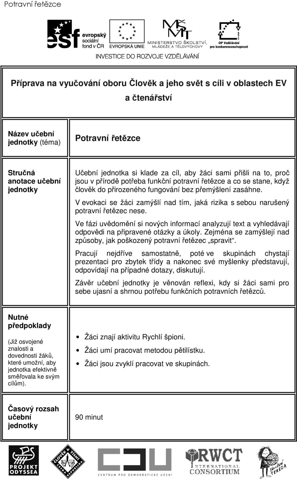 V evokaci se žáci zamýšlí nad tím, jaká rizika s sebou narušený potravní řetězec nese. Ve fázi uvědomění si nových informací analyzují text a vyhledávají odpovědi na připravené otázky a úkoly.