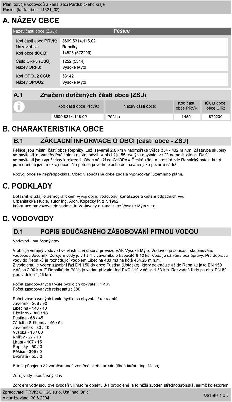 1 Značení dotčených částí obce (ZSJ) Kód části obce PRVK: Název části obce: Kód části obce PRVK: IČOB obce obce ÚIR: B. CHARAKTERISTIKA OBCE B.