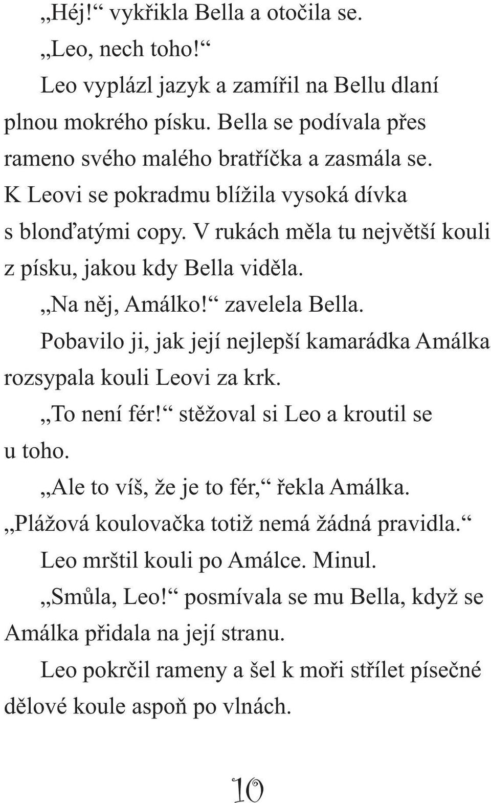 Pobavilo ji, jak její nejlepší kamarádka Amálka rozsypala kouli Leovi za krk. To není fér! stěžoval si Leo a kroutil se u toho. Ale to víš, že je to fér, řekla Amálka.