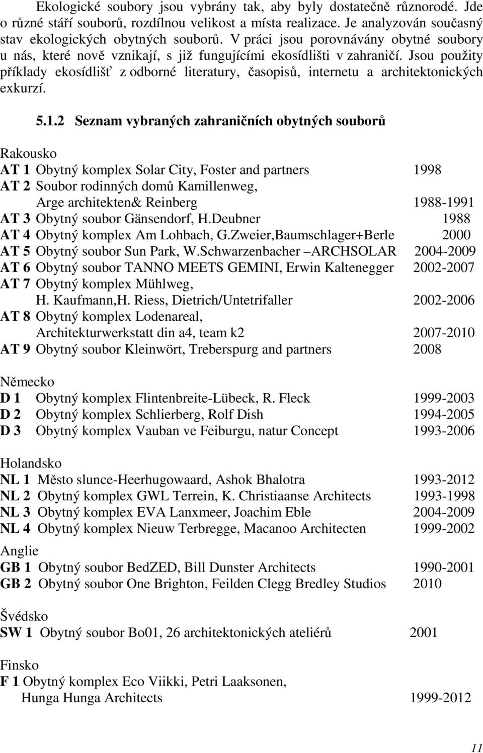 Jsou použity příklady ekosídlišť z odborné literatury, časopisů, internetu a architektonických exkurzí. 5.1.