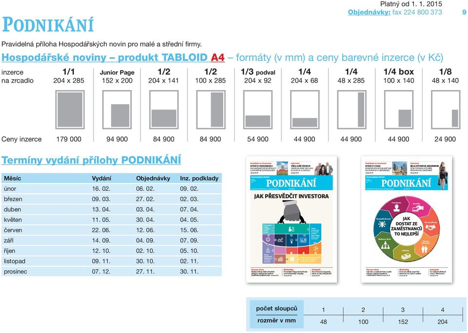 152 x 200 204 x 141 100 x 285 204 x 92 204 x 68 48 x 285 100 x 140 48 x 140 Ceny inzerce 179 000 94 900 84 900 84 900 54 900 44 900 44 900 44 900 24 900 Termíny vydání přílohy PODNIKÁNÍ Měsíc Vydání