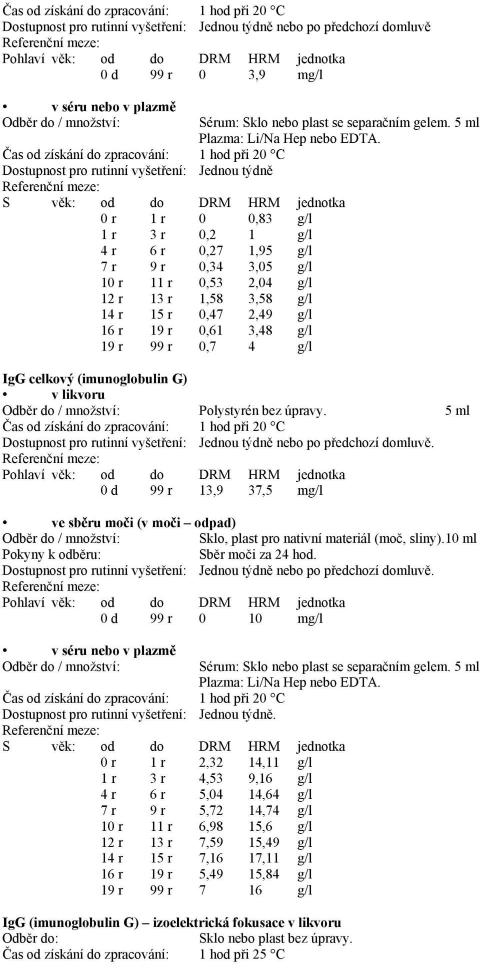 Čas od získání do zpracování: 1 hod při 20 C Dostupnost pro rutinní vyšetření: Jednou týdně S věk: od do DRM HRM jednotka 0 r 1 r 0 0,83 g/l 1 r 3 r 0,2 1 g/l 4 r 6 r 0,27 1,95 g/l 7 r 9 r 0,34 3,05