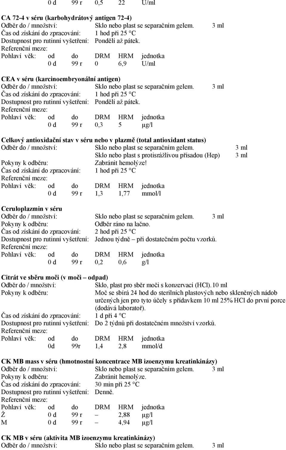 0 d 99 r 0,2 0,6 g/l Citrát ve sběru moči (v moči odpad) Sklo, plast pro sběr moči s konzervací (HCl).