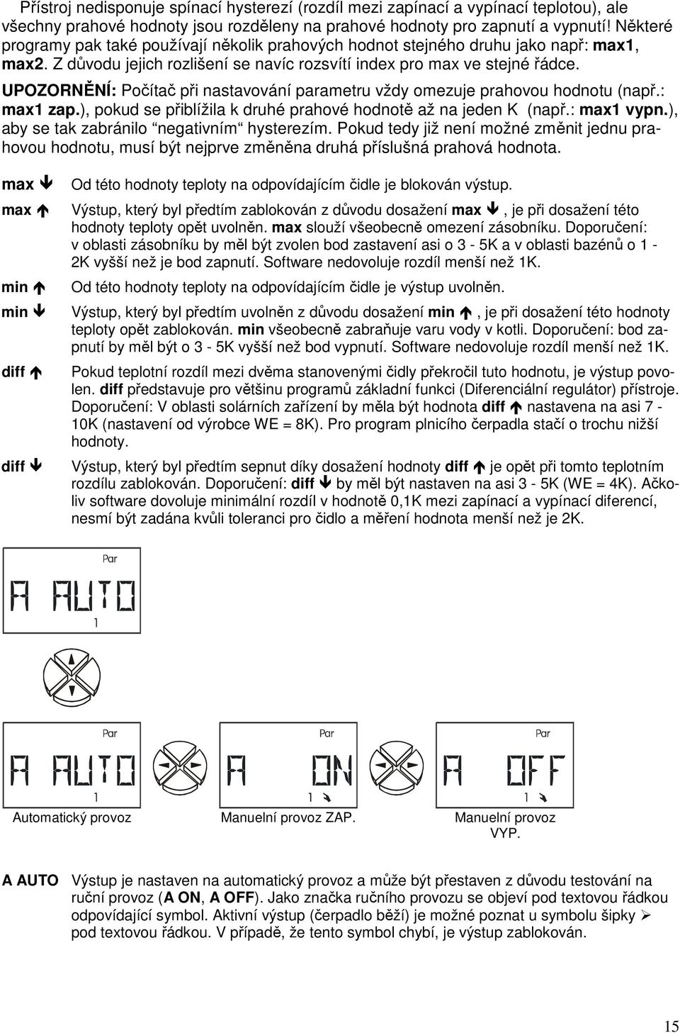UPOZORNĚNÍ: Počítač při nastavování parametru vždy omezuje prahovou hodnotu (např.: max1 zap.), pokud se přiblížila k druhé prahové hodnotě až na jeden K (např.: max1 vypn.