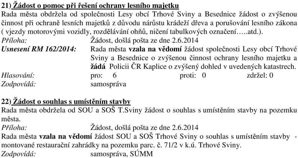 2014 Usnesení RM 162/2014: Rada města vzala na vědomí žádost společnosti Lesy obcí Trhové Sviny a Besednice o zvýšenou činnost ochrany lesního majetku a žádá Policii ČR Kaplice o zvýšený dohled v