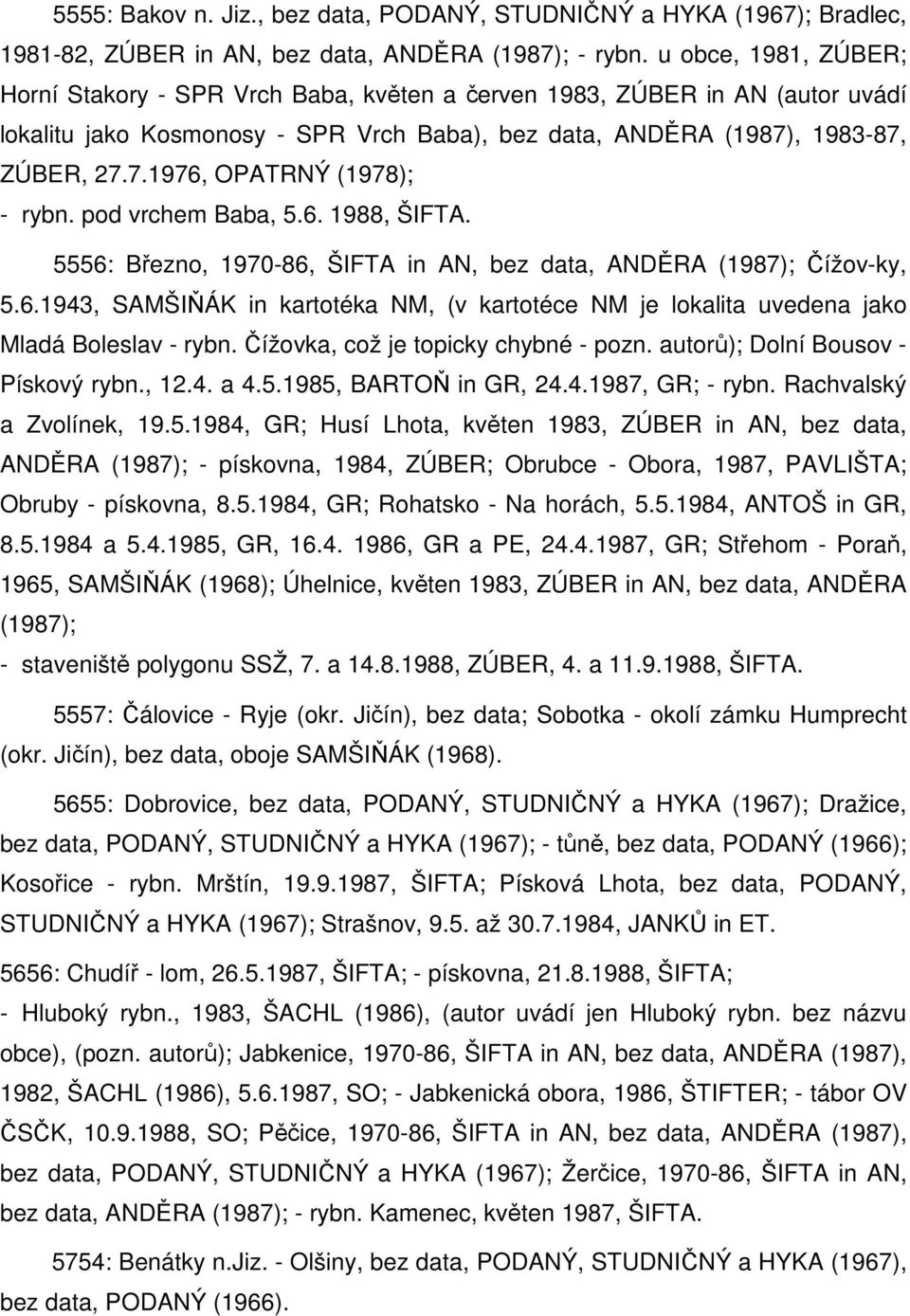 pod vrchem Baba, 5.6. 1988, ŠIFTA. 5556: Březno, 1970-86, ŠIFTA in AN, bez data, ANDĚRA (1987); Čížov-ky, 5.6.1943, SAMŠIŇÁK in kartotéka NM, (v kartotéce NM je lokalita uvedena jako Mladá Boleslav - rybn.