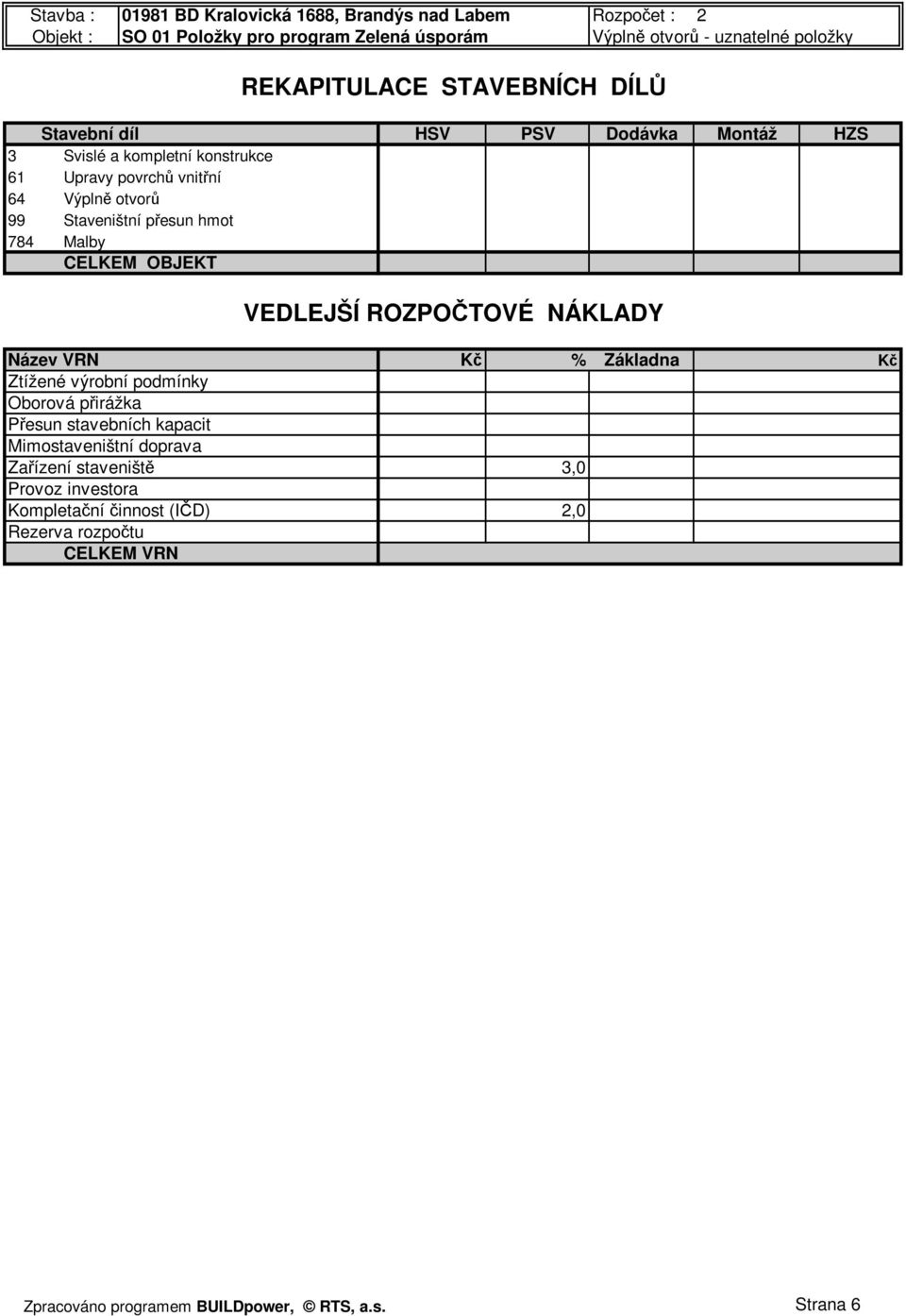 64 Výplně otvorů 784 Malby CELKEM OBJEKT VEDLEJŠÍ ROZPOČTOVÉ NÁKLADY Název VRN Kč % Základna Kč Zařízení
