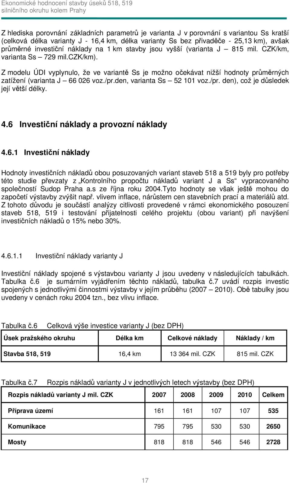 Z modelu ÚDI vyplynulo, že ve variantě Ss je možno očekávat nižší hodnoty průměrných zatížení (varianta J 66 026 voz./pr.den, varianta Ss 52 101 voz./pr. den), což je důsledek její větší délky. 4.