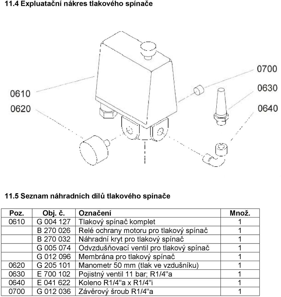 spínač 1 G 005 074 Odvzdušňovací ventil pro tlakový spínač 1 G 012 096 Membrána pro tlakový spínač 1 0620 G 205 101 Manometr 50 mm