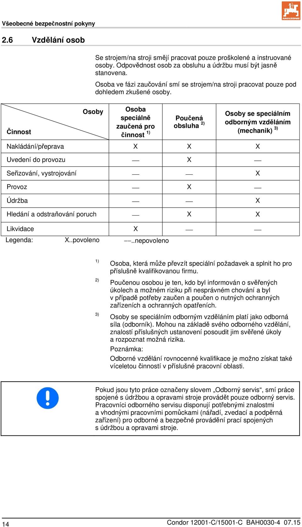 Osoby Osoba Osoby se speciálním speciálně Poučená zaučená pro obsluha 2) odborným vzděláním Činnost činnost 1) (mechanik) 3) Nakládání/přeprava X X X Uvedení do provozu X Seřizování, vystrojování X