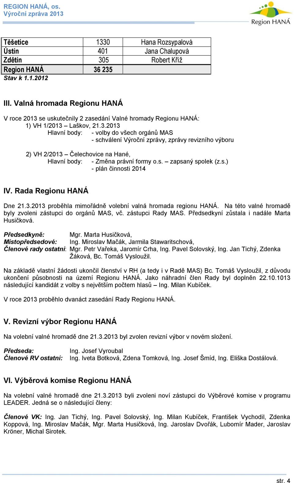 se uskutečnily 2 zasedání Valné hromady Regionu HANÁ: 1) VH 1/2013 