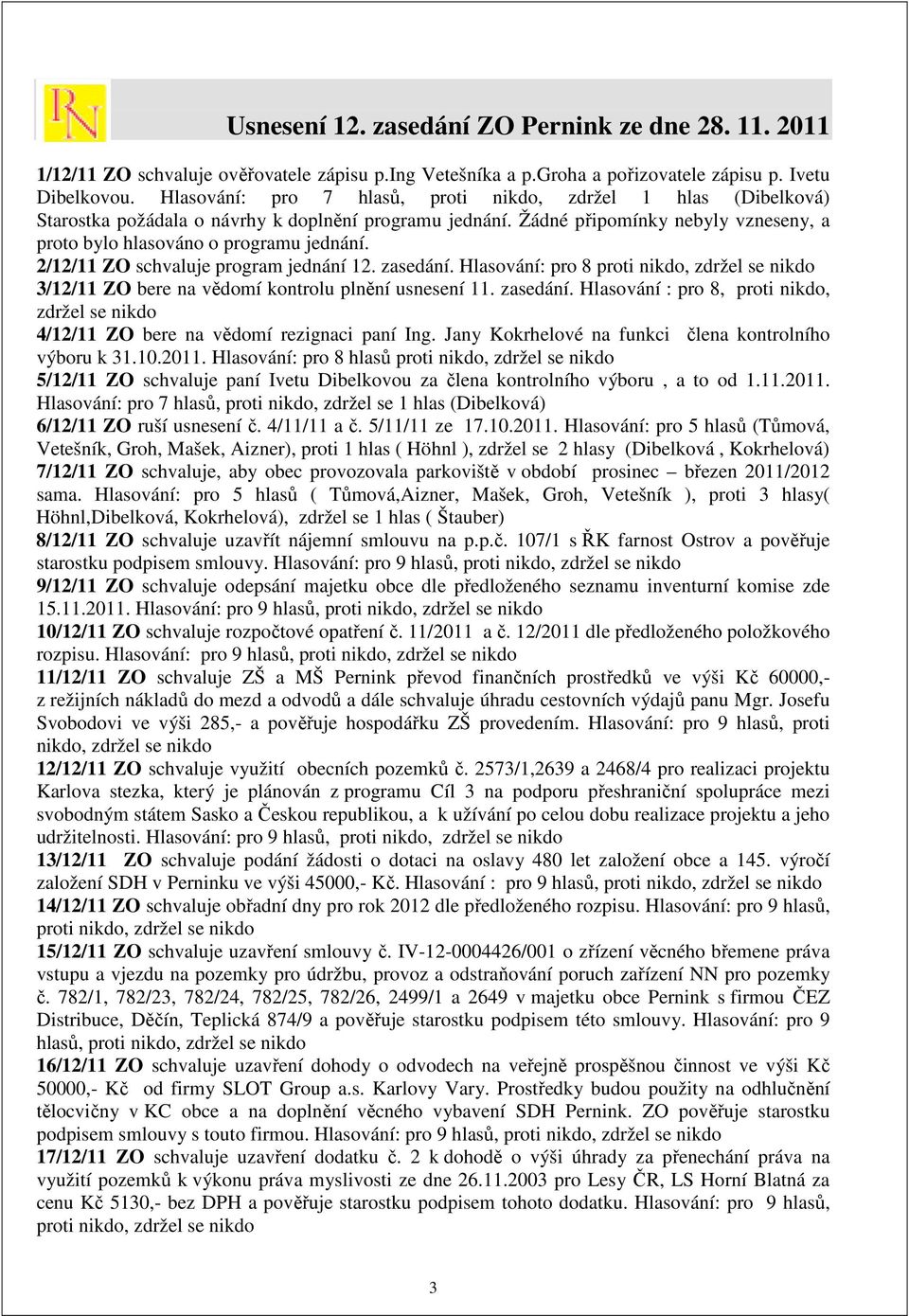 2/12/11 ZO schvaluje program jednání 12. zasedání. Hlasování: pro 8 proti nikdo, zdržel se nikdo 3/12/11 ZO bere na vědomí kontrolu plnění usnesení 11. zasedání. Hlasování : pro 8, proti nikdo, zdržel se nikdo 4/12/11 ZO bere na vědomí rezignaci paní Ing.