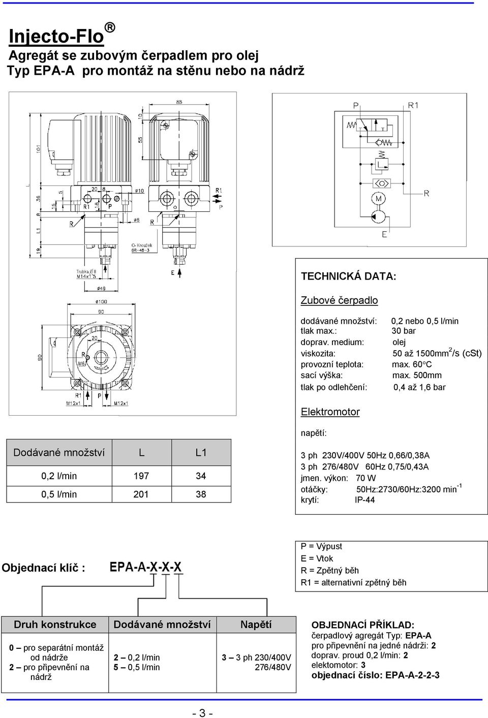 500mm 0,4 až 1,6 bar Elektromotor napětí: Dodávané množství L L1 0,2 l/min 197 34 0,5 l/min 201 38 3 ph 230V/400V 50Hz 0,66/0,38A 3 ph 276/480V 60Hz 0,75/0,43A jmen.