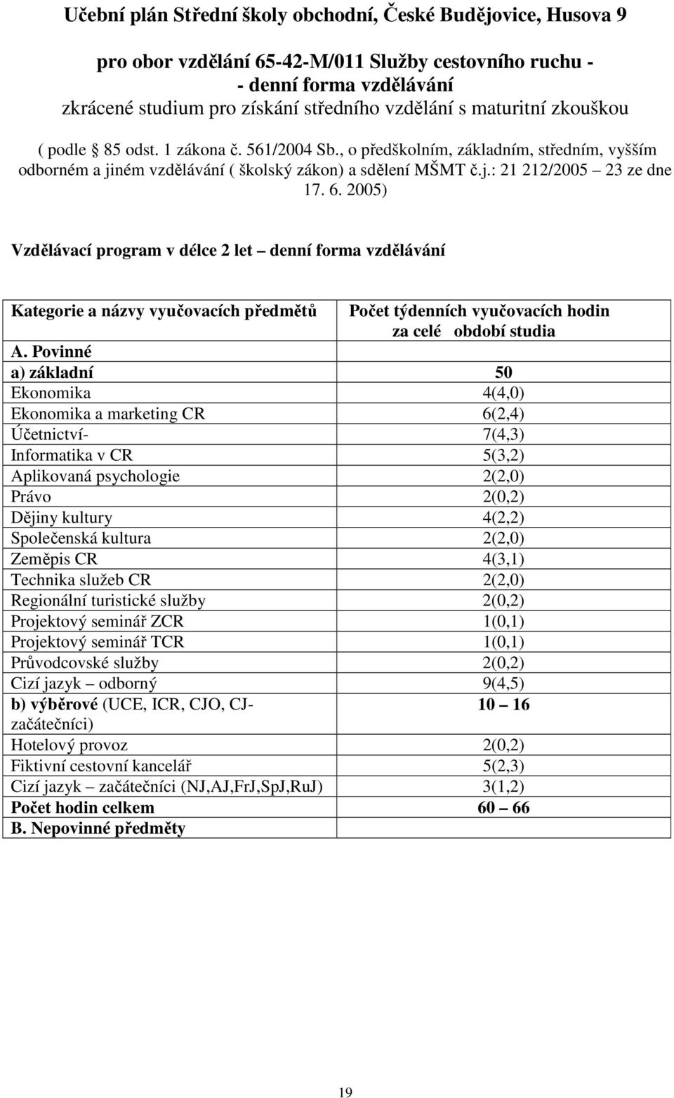 2005) Vzdělávací program v délce 2 let denní forma vzdělávání Kategorie a názvy vyučovacích předmětů Počet týdenních vyučovacích hodin za celé období studia A.