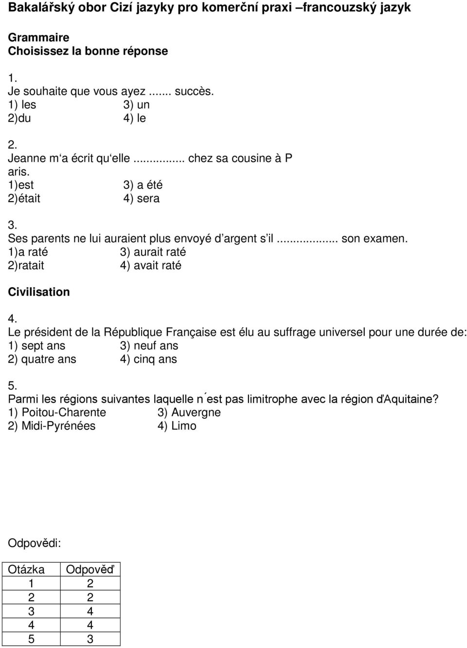 1)a raté 3) aurait raté 2)ratait 4) avait raté Civilisation 4.