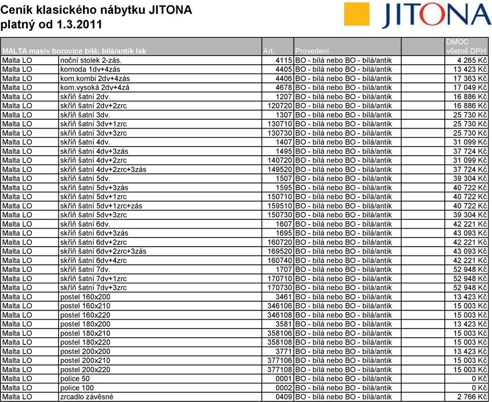 kombi 2dv+4zás 4406 BO - bílá nebo BO - bílá/antik 17 363 Kč Malta LO kom.vysoká 2dv+4zá 4678 BO - bílá nebo BO - bílá/antik 17 049 Kč Malta LO skříň šatní 2dv.