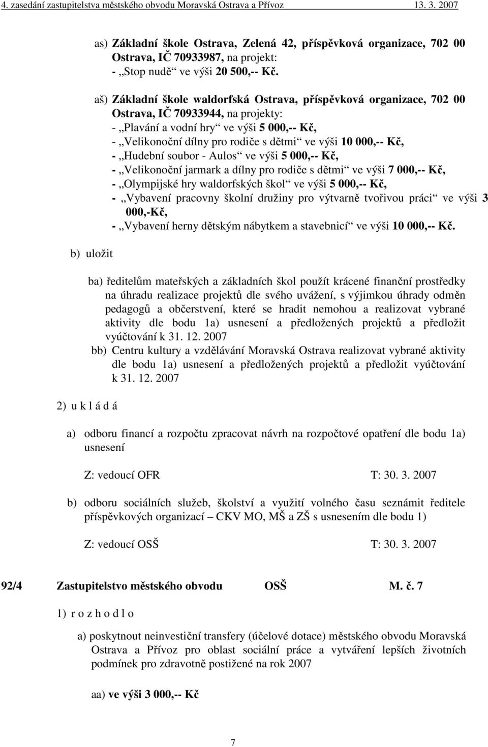 000,-- Kč, - Hudební soubor - Aulos ve výši 5 000,-- Kč, - Velikonoční jarmark a dílny pro rodiče s dětmi ve výši 7 000,-- Kč, - Olympijské hry waldorfských škol ve výši 5 000,-- Kč, - Vybavení