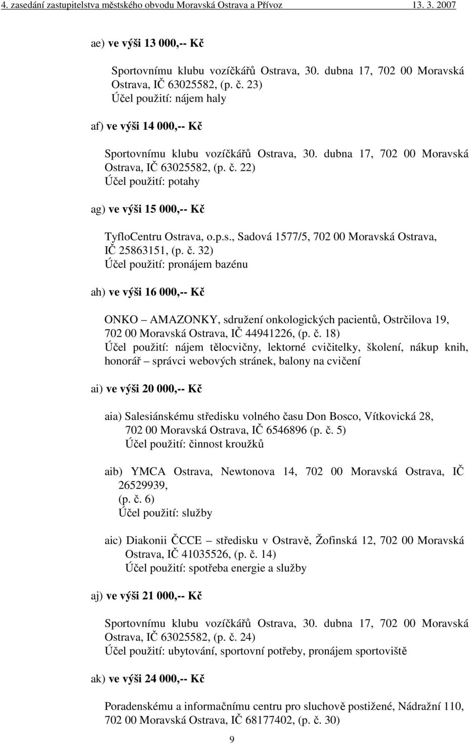 22) Účel použití: potahy ag) ve výši 15 000,-- Kč TyfloCentru Ostrava, o.p.s., Sadová 1577/5, 702 00 Moravská Ostrava, IČ 25863151, (p. č.