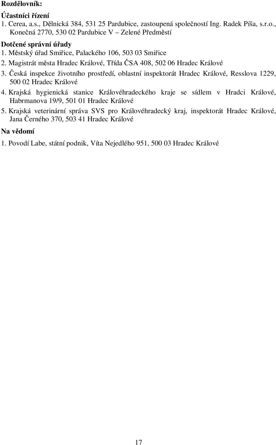 Česká inspekce životního prostředí, oblastní inspektorát Hradec Králové, Resslova 1229, 500 02 Hradec Králové 4.