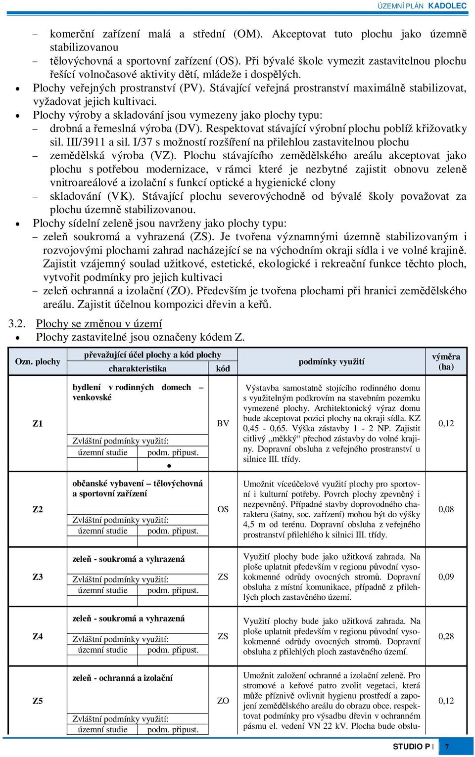 Stávající veejná prostranství maximáln stabilizovat, vyžadovat jejich kultivaci. Plochy výroby a skladování jsou vymezeny jako plochy typu: drobná a emeslná výroba (DV).