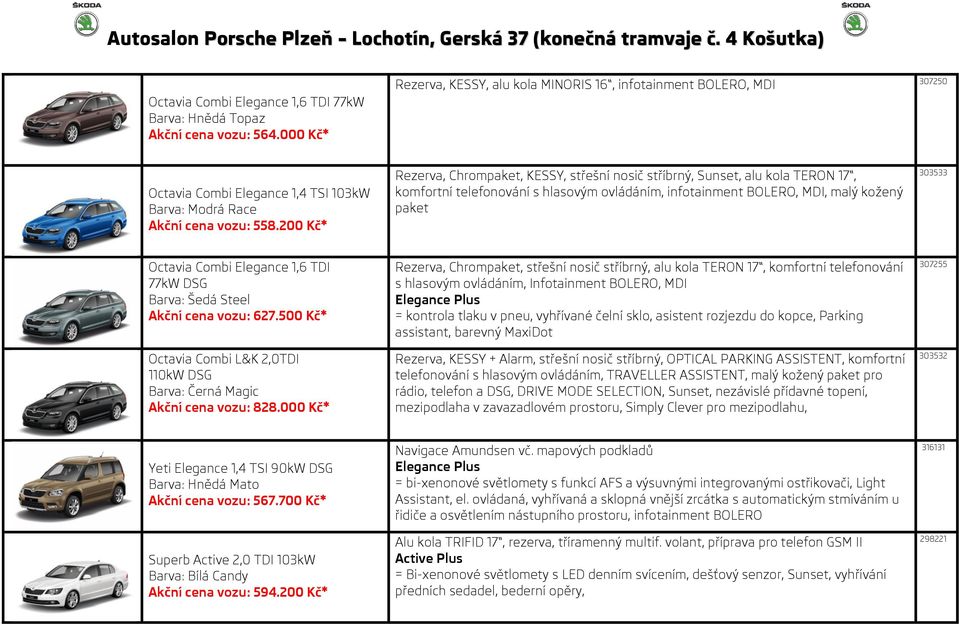 200 Kč* Rezerva, Chrompaket, KESSY, střešní nosič stříbrný, Sunset, alu kola TERON 17, komfortní telefonování s hlasovým ovládáním, infotainment BOLERO, MDI, malý kožený paket 303533 Octavia Combi