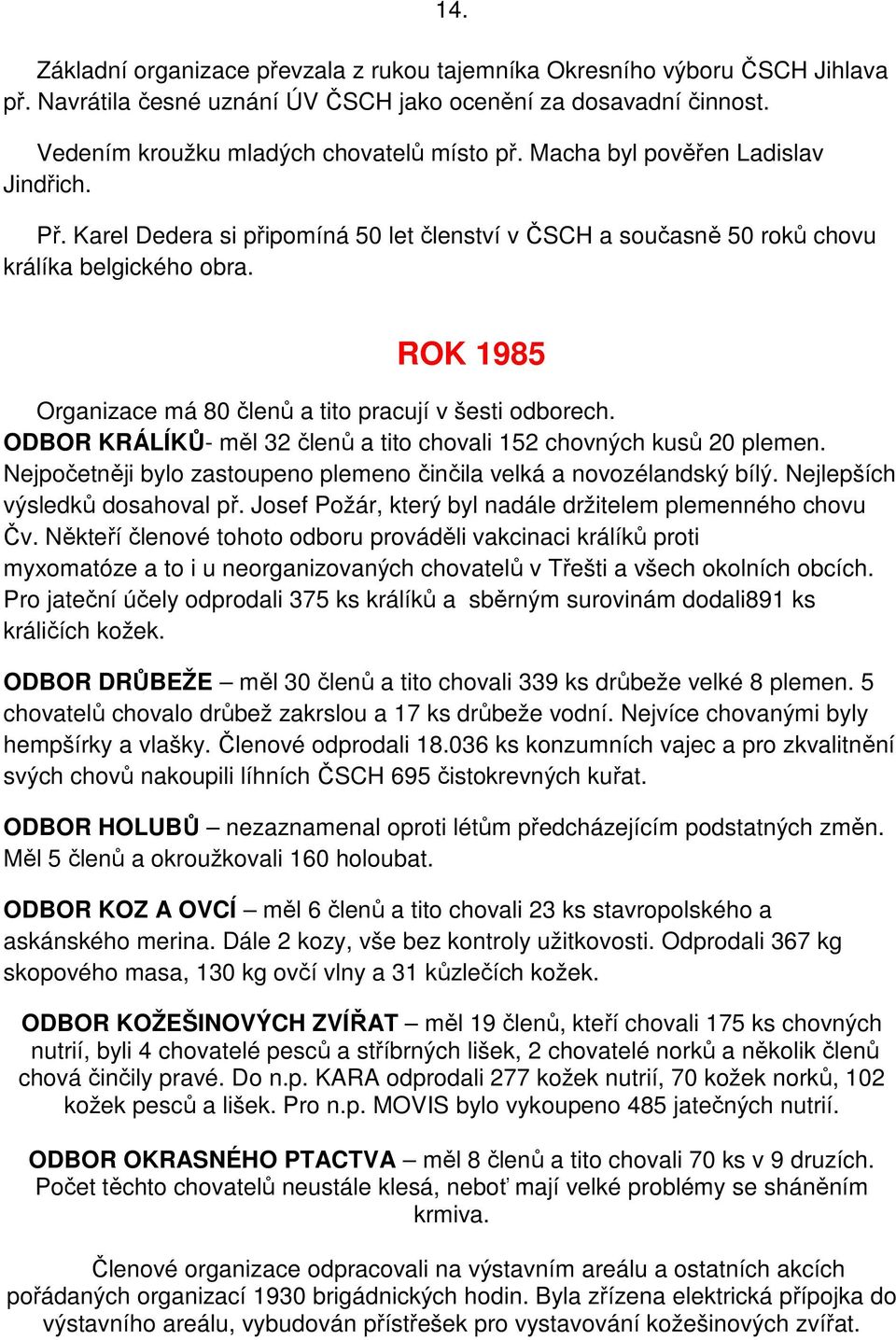 ROK 1985 Organizace má 80 členů a tito pracují v šesti odborech. ODBOR KRÁLÍKŮ- měl 32 členů a tito chovali 152 chovných kusů 20 plemen.