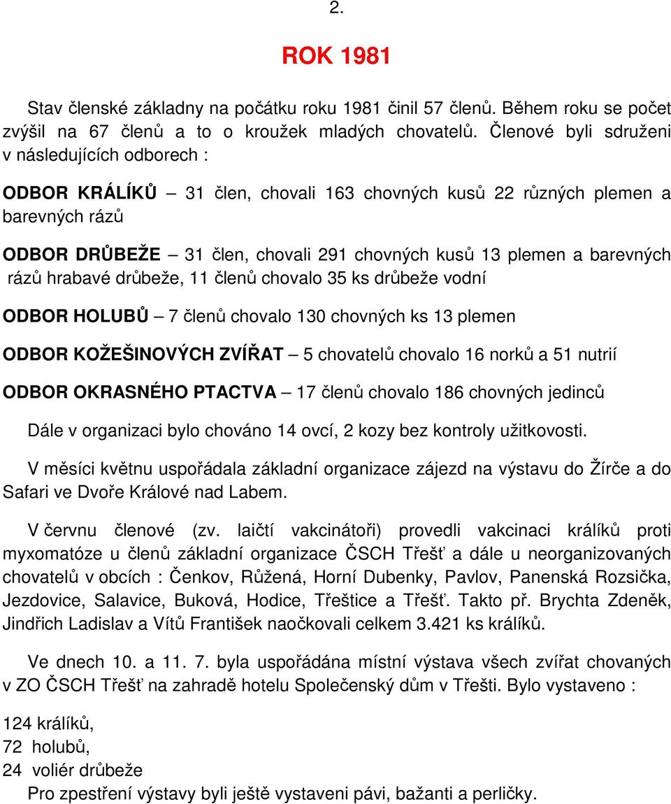 barevných rázů hrabavé drůbeže, 11 členů chovalo 35 ks drůbeže vodní ODBOR HOLUBŮ 7 členů chovalo 130 chovných ks 13 plemen ODBOR KOŽEŠINOVÝCH ZVÍŘAT 5 chovatelů chovalo 16 norků a 51 nutrií ODBOR