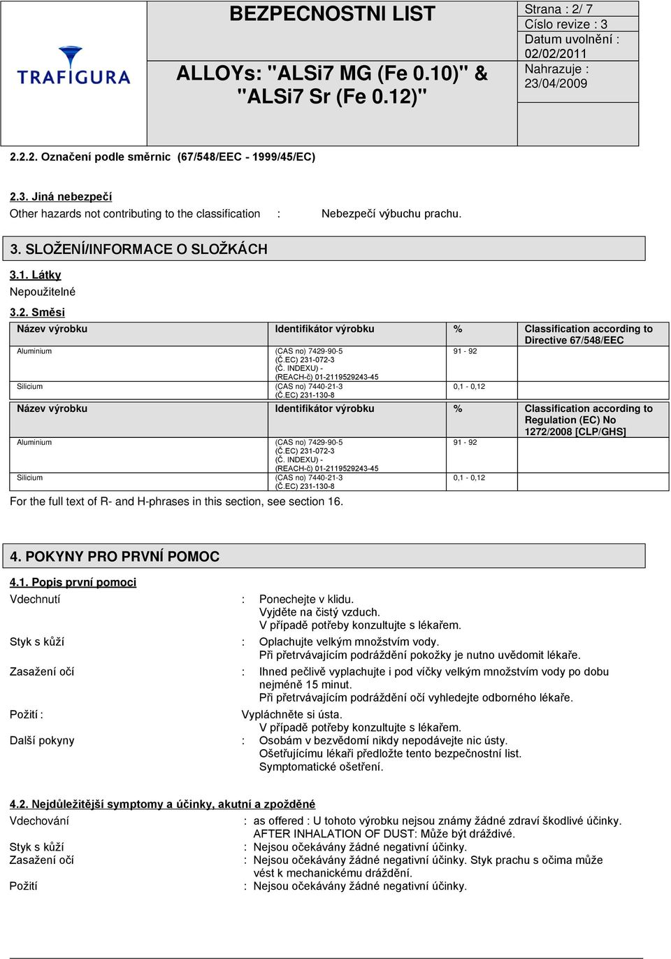 EC) 231-072-3 (Č. INDEXU) - (REACH-č) 01-2119529243-45 Silicium (CAS no) 7440-21-3 (Č.