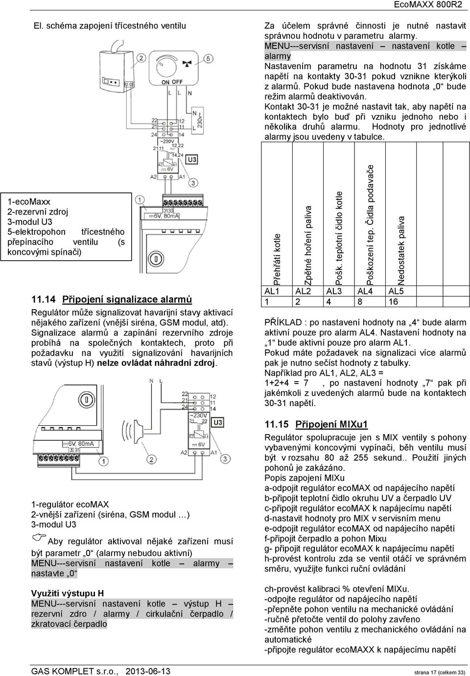 MENU---servisní nastavení nastavení kotle alarmy Nastavením parametru na hodnotu 31 získáme napětí na kontakty 30-31 pokud vznikne kterýkoli z alarmů.