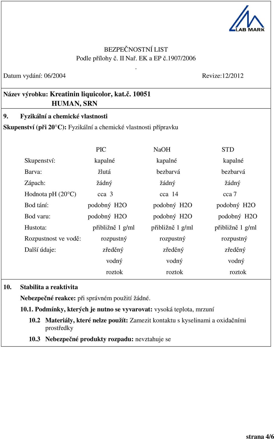 g/ml přibližně 1 g/ml přibližně 1 g/ml Rozpustnost ve vodě: rozpustný rozpustný rozpustný Další údaje: zředěný zředěný zředěný 10 Stabilita a reaktivita Nebezpečné reakce: při správném použití žádné