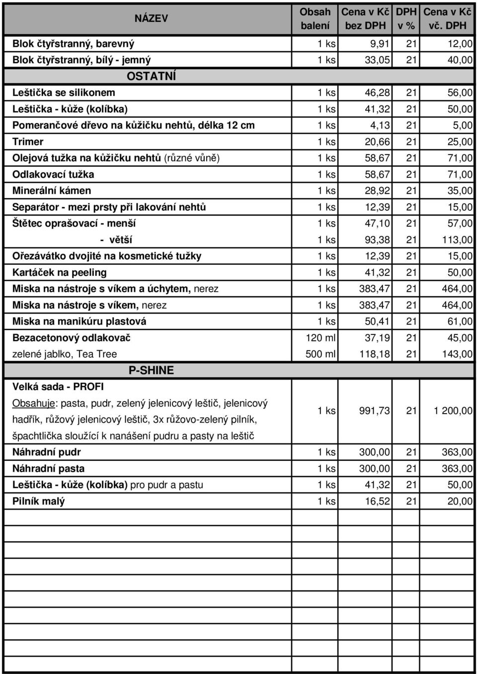 délka 12 cm 4,13 5,00 Trimer 20,66 25,00 Olejová tužka na kůžičku nehtů (různé vůně) 58,67 71,00 Odlakovací tužka 58,67 71,00 Minerální kámen 28,92 35,00 Separátor - mezi prsty při lakování nehtů