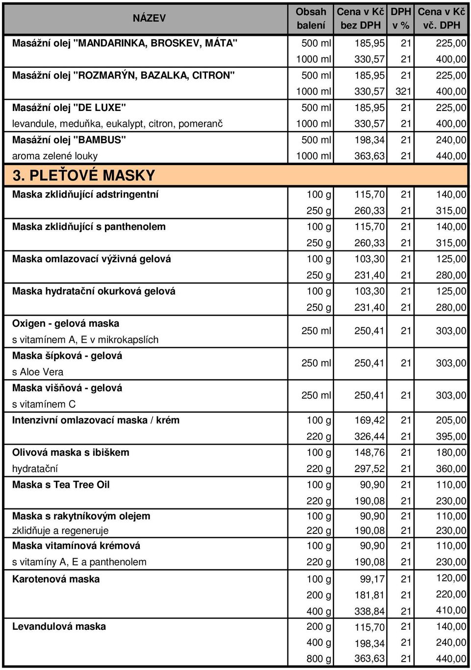 500 ml 185,95 225,00 levandule, meduňka, eukalypt, citron, pomeranč 1000 ml 330,57 400,00 Masážní olej "BAMBUS" 500 ml 198,34 240,00 aroma zelené louky 1000 ml 363,63 440,00 3.