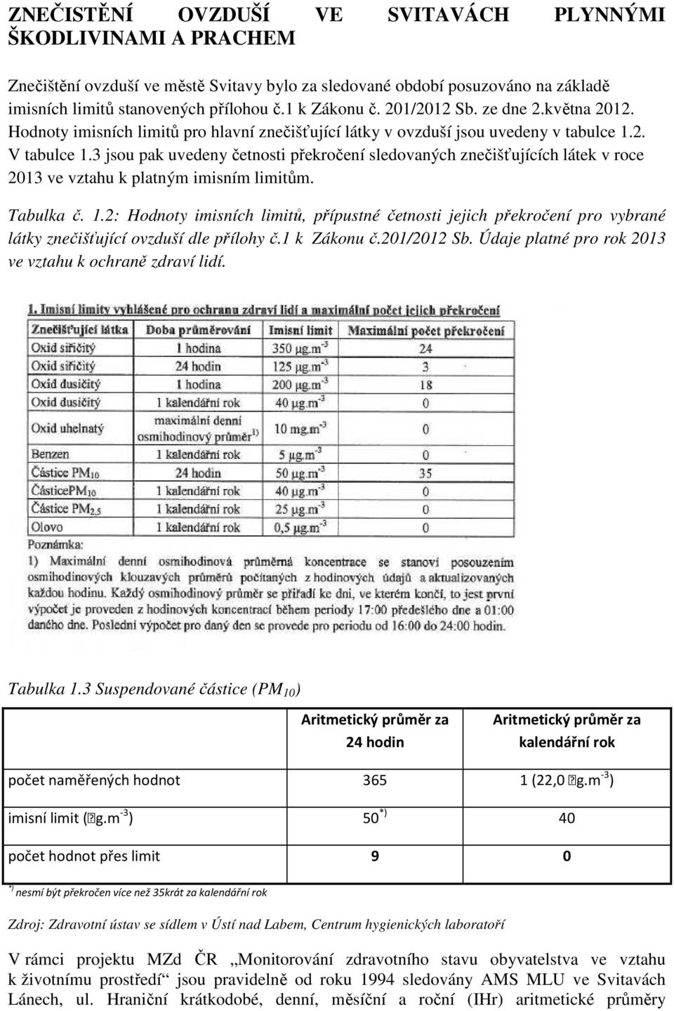 3 jsou pak uvedeny četnosti překročení sledovaných znečišťujících látek v roce 2013 ve vztahu k platným imisním limitům. Tabulka č. 1.