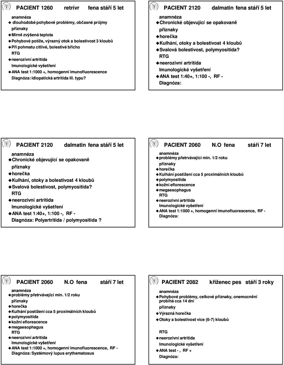 PACIENT 2120 Chronické objevující se opakovaně dalmatin fena stáří 5 let Kulhání, otoky a bolestivost 4 kloubů Svalová bolestivost, polymyositida?