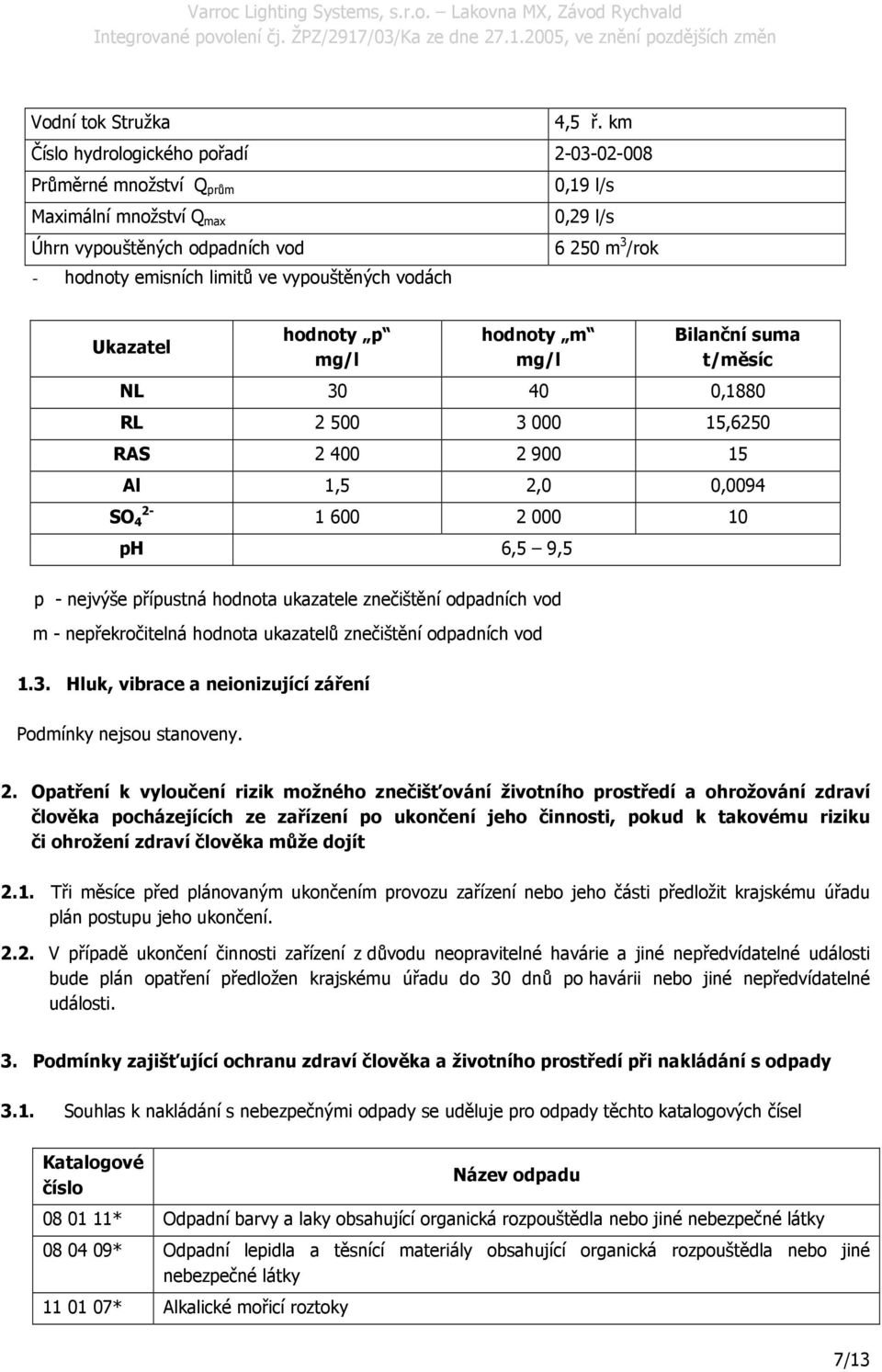 vodách Ukazatel hodnoty p mg/l hodnoty m mg/l Bilanční suma t/měsíc NL 30 40 0,1880 RL 2 500 3 000 15,6250 RAS 2 400 2 900 15 Al 1,5 2,0 0,0094 SO 4 2-1 600 2 000 10 ph 6,5 9,5 p - nejvýše přípustná