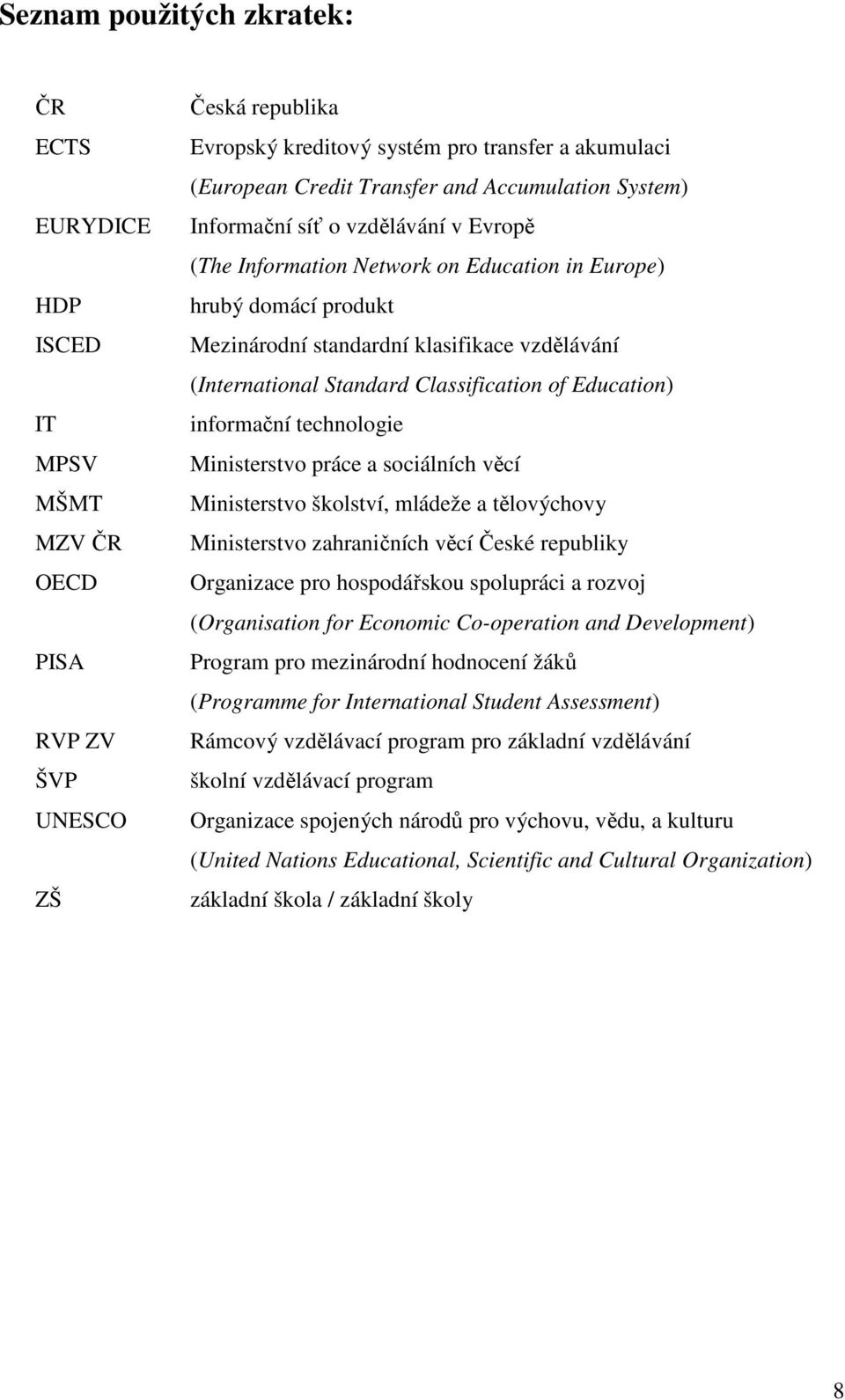 Standard Classification of Education) informační technologie Ministerstvo práce a sociálních věcí Ministerstvo školství, mládeže a tělovýchovy Ministerstvo zahraničních věcí České republiky