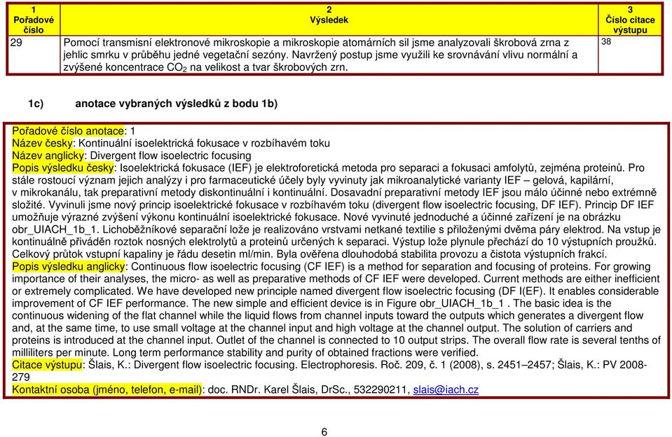 citace výstupu 8 c) anotace vybraných výsledků z bodu b) Pořadové číslo anotace: Název česky: Kontinuální isoelektrická fokusace v rozbíhavém toku Název anglicky: Divergent flow isoelectric focusing