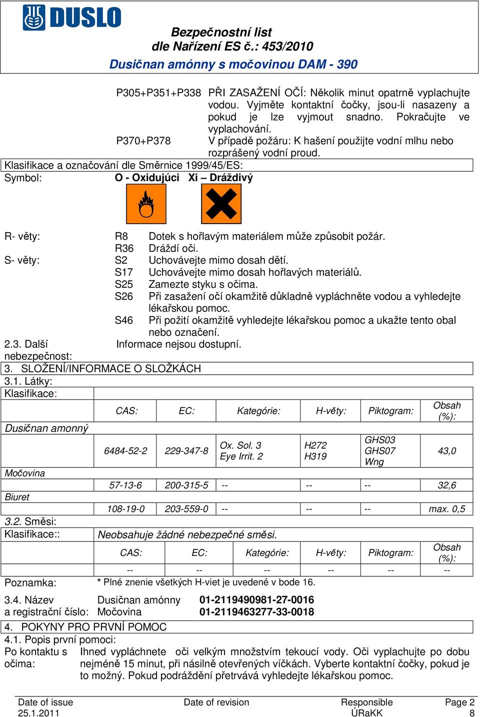 SLOŽENÍ/INFORMACE O SLOŽKÁCH 3.1. Látky: Klasifikace: Dusičnan amonný R8 Dotek s hořlavým materiálem může způsobit požár. R36 Dráždí oči. S2 Uchovávejte mimo dosah dětí.