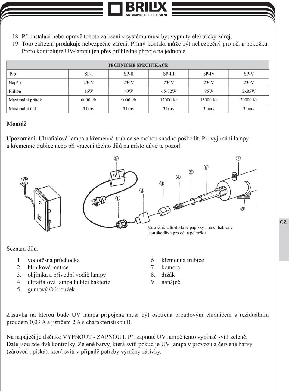 TECHNICKÉ SPECIFIKACE Typ SP-I SP-II SP-III SP-IV SP-V Napětí 230V 230V 230V 230V 230V Příkon 16W 40W 65-72W 85W 2x85W Maximální průtok 6000 l/h 9000 l/h 12000 l/h 15000 l/h 20000 l/h Maximální tlak