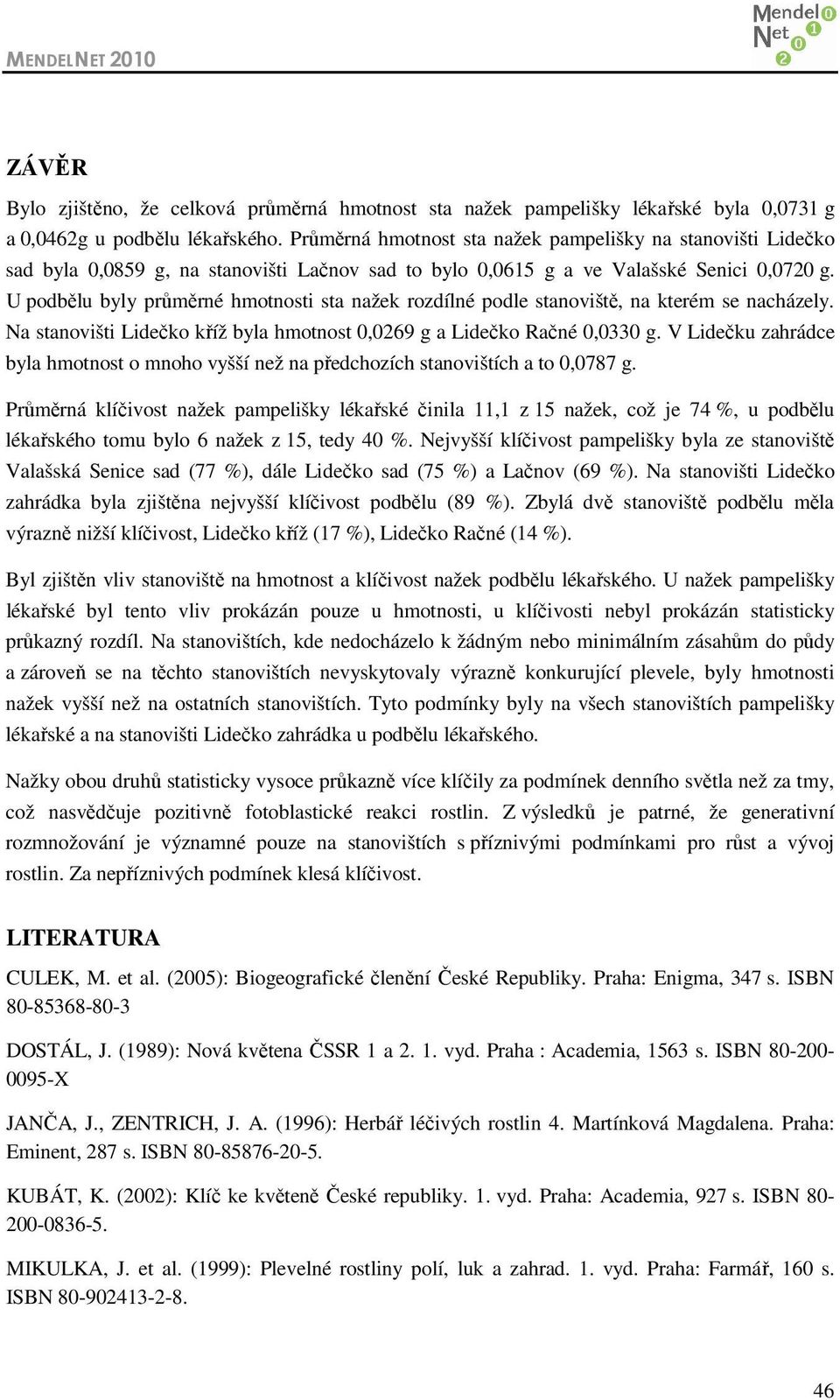 U podbělu byly průměrné hmotnosti sta nažek rozdílné podle stanoviště, na kterém se nacházely. Na stanovišti Lidečko kříž byla hmotnost 0,0269 g a Lidečko Račné 0,0330 g.