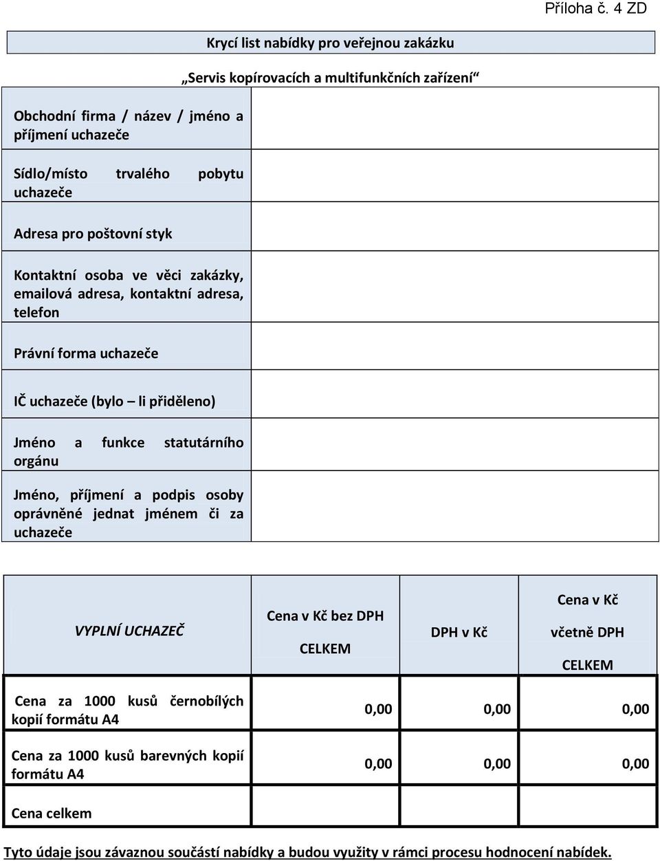 telefon Právní forma uchazeče Krycí list nabídky pro veřejnou zakázku Servis kopírovacích a multifunkčních zařízení IČ uchazeče (bylo li přiděleno) Jméno a funkce statutárního orgánu