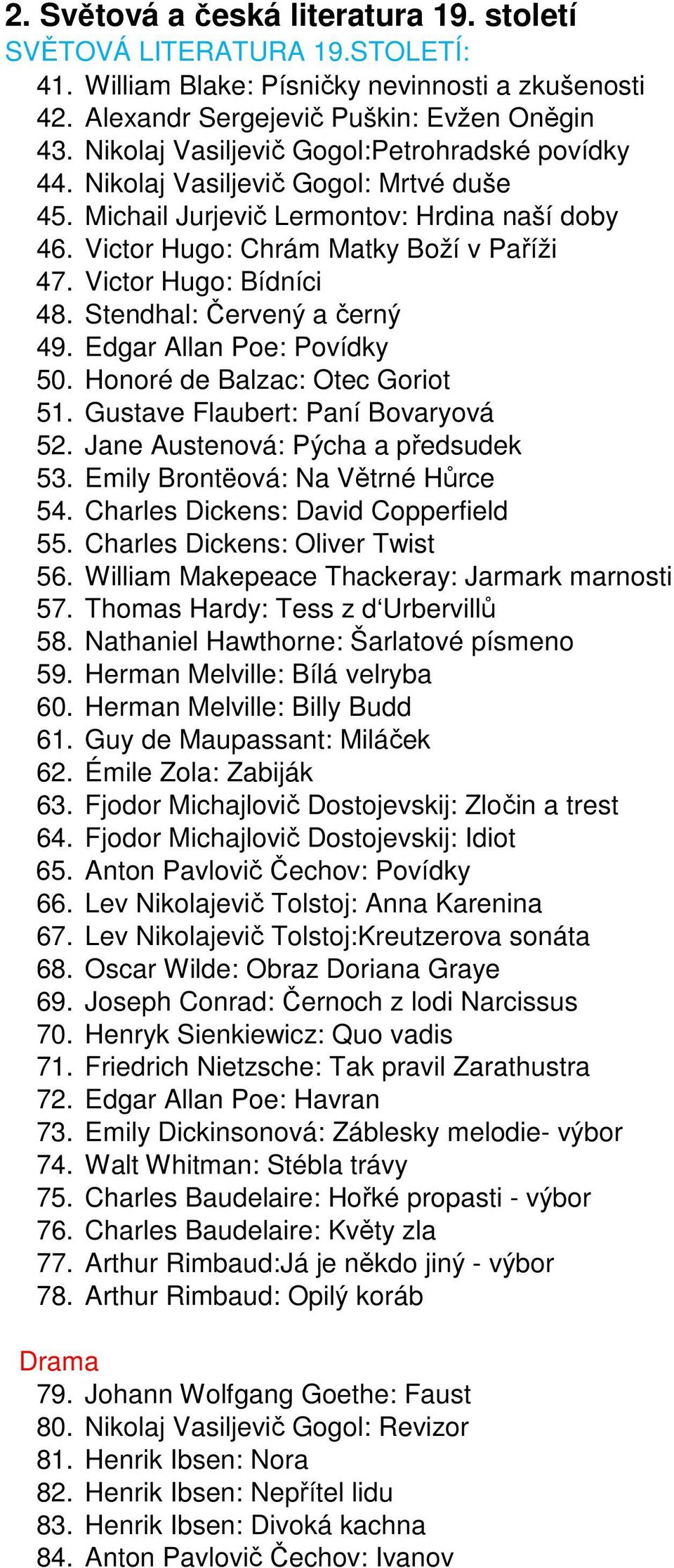 Victor Hugo: Bídníci 48. Stendhal: Červený a černý 49. Edgar Allan Poe: Povídky 50. Honoré de Balzac: Otec Goriot 51. Gustave Flaubert: Paní Bovaryová 52. Jane Austenová: Pýcha a předsudek 53.